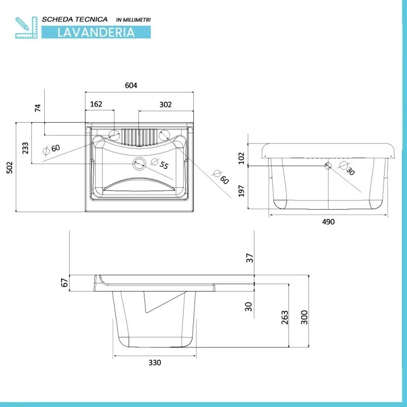 Mobile lavatoio 60 x 50 in legno con asse e kit di scarico incluso Fedra