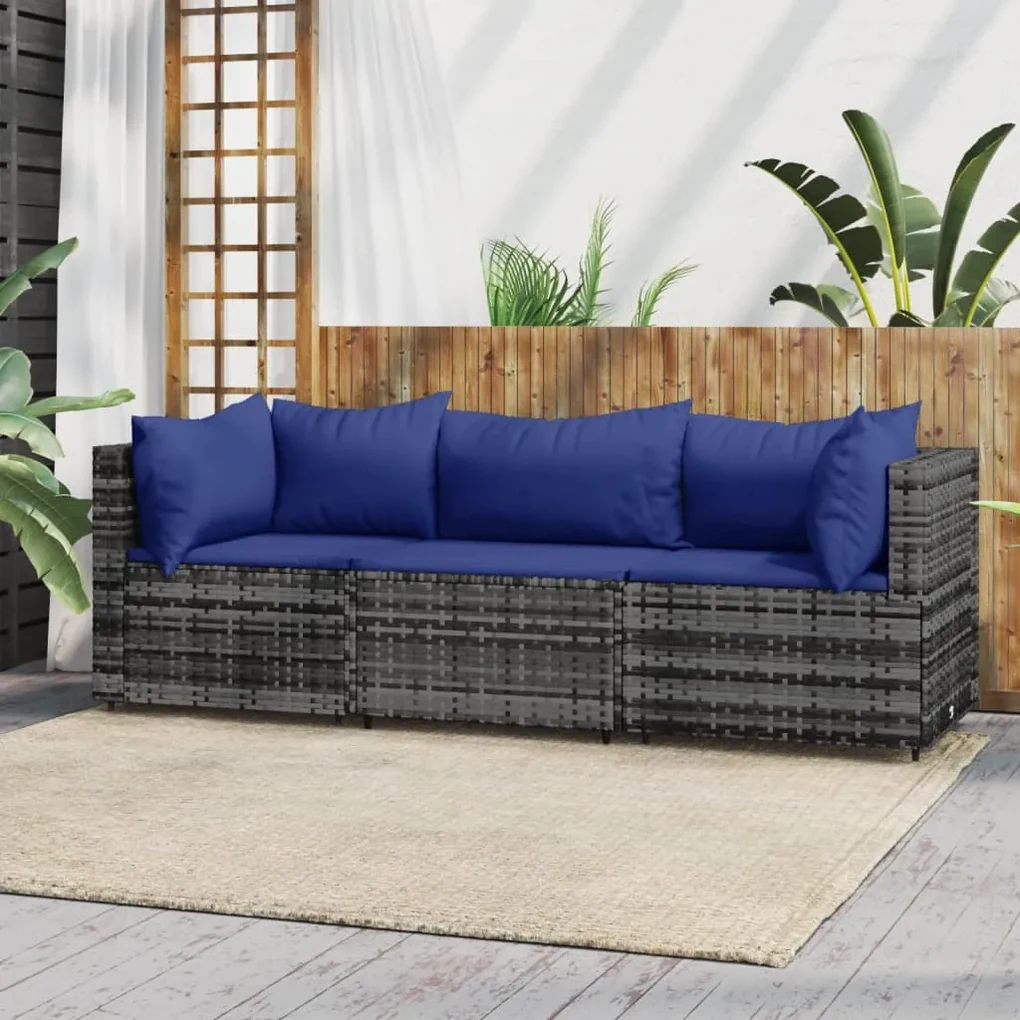 Set divani da giardino 3 pz con cuscini in polyrattan grigio