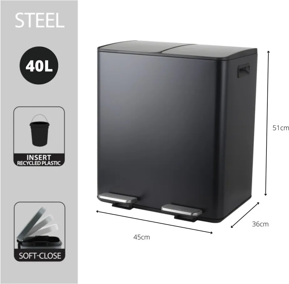 Cestino per la spazzatura nero opaco in acciaio per raccolta differenziata/con pedale 2x20 l Aliya – Spirella