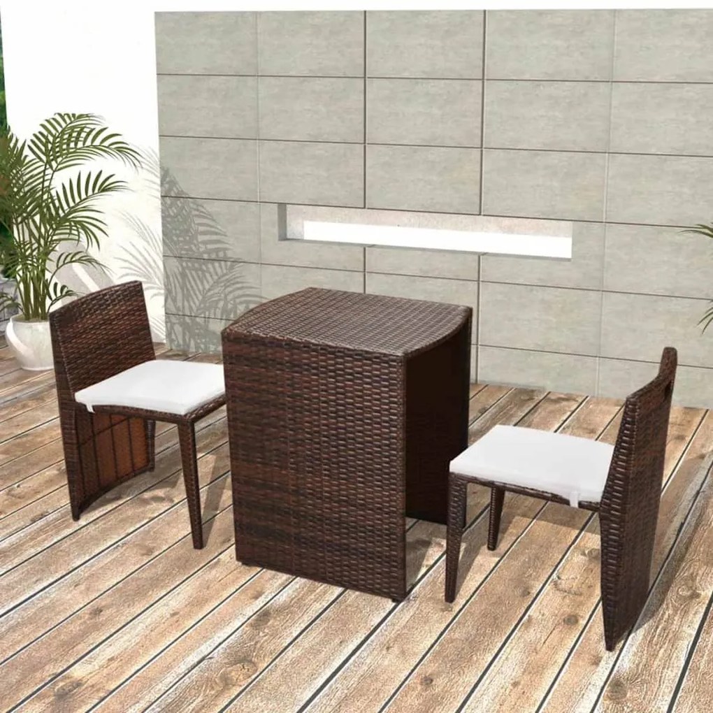 Set da Bistrot 3 pz con Cuscini in Polyrattan Marrone