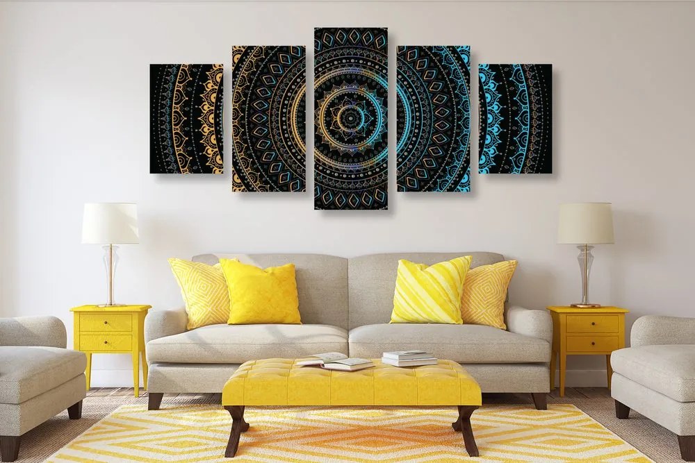 Quadri 5 pezzi – Mandala con motivo del sole