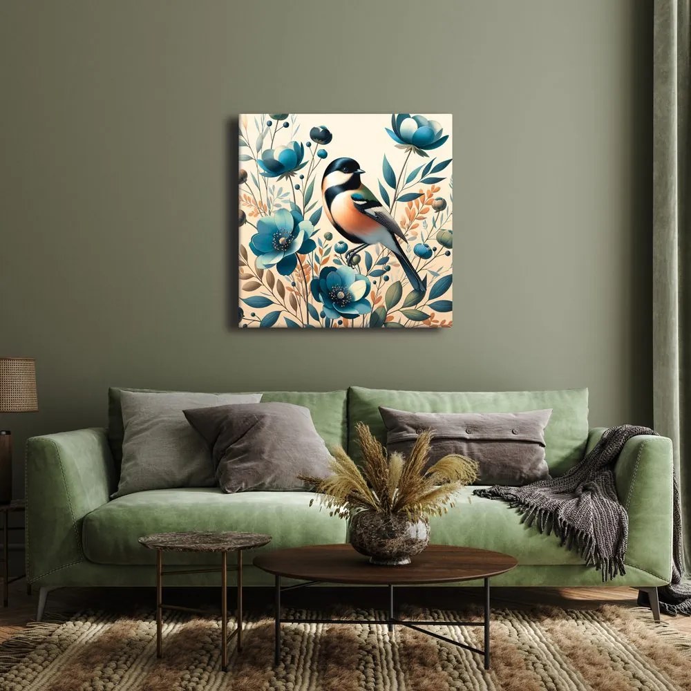 Quadro su tela – Cinciarella nel giardino fiorito