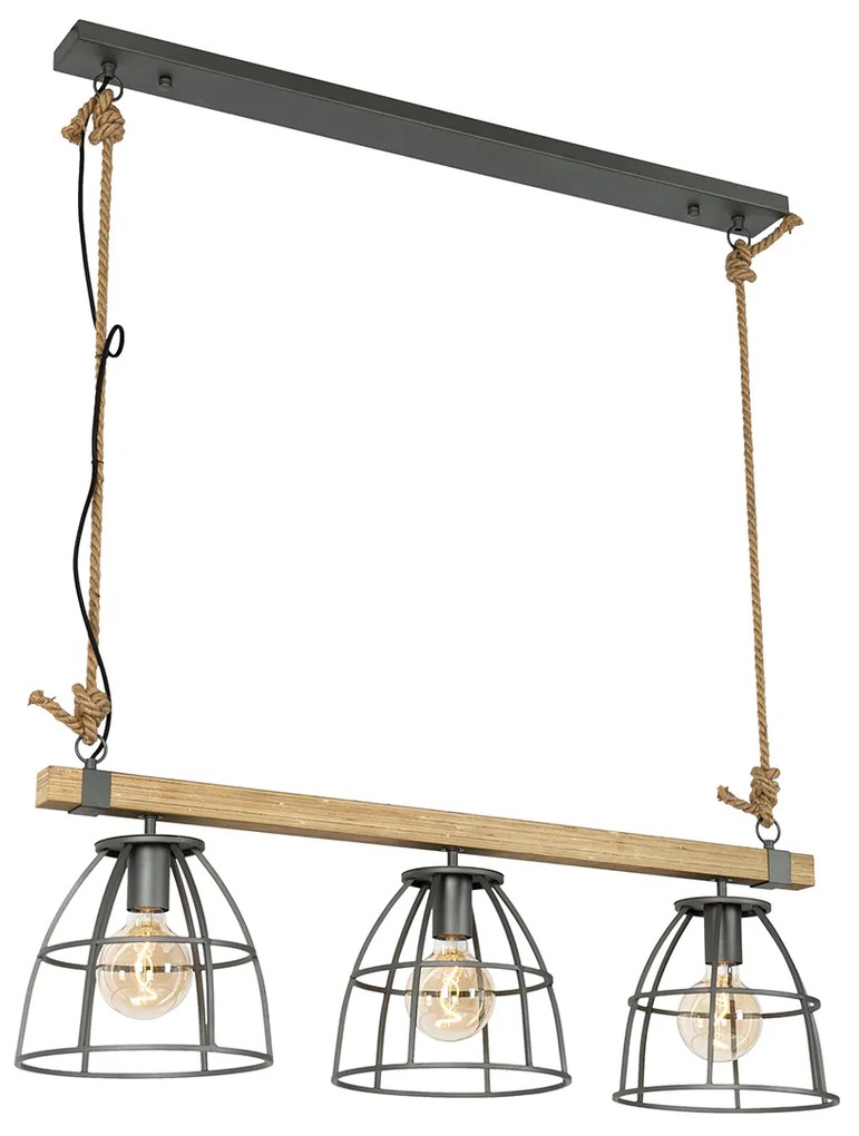 Lampada a sospensione industriale in legno con grigio scuro 3 luci - Arthur