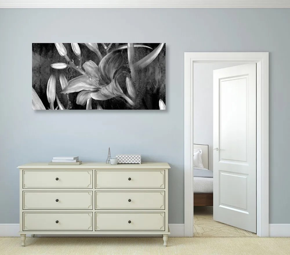 Quadro su tela – Fioritura di giglio in bianco e nero