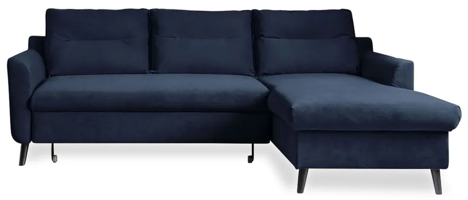 Divano letto angolare in velluto blu scuro, angolo destro Stylish Stan - Miuform