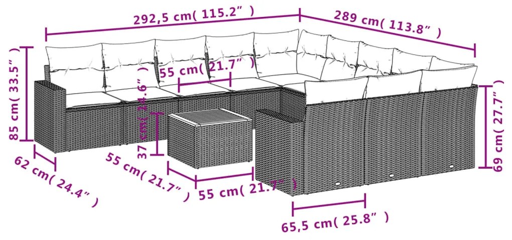 Set divani da giardino 12 pz con cuscini nero in polyrattan