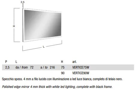 Antonio Lupi  Vertice75w135 Specchio Filo Lucido 75x135 Con Illuminazione Led Bianco