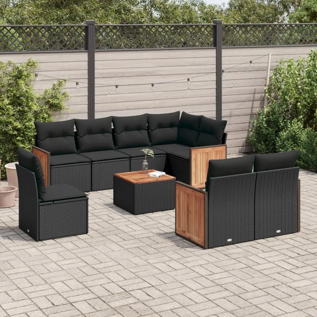 Set divani da giardino 9 pz con cuscini nero in polyrattan