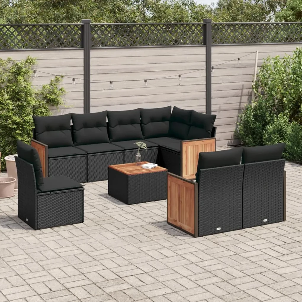 Set divani da giardino 9 pz con cuscini nero in polyrattan