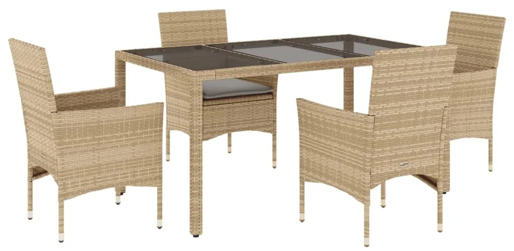 Set da pranzo da giardino 5 pz con cuscini polyrattan e vetro