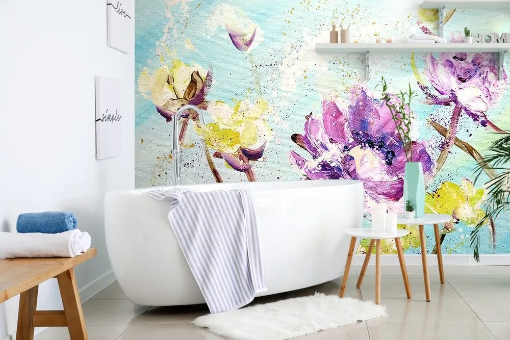 Carta da parati – Fiori viola e gialli dipinti