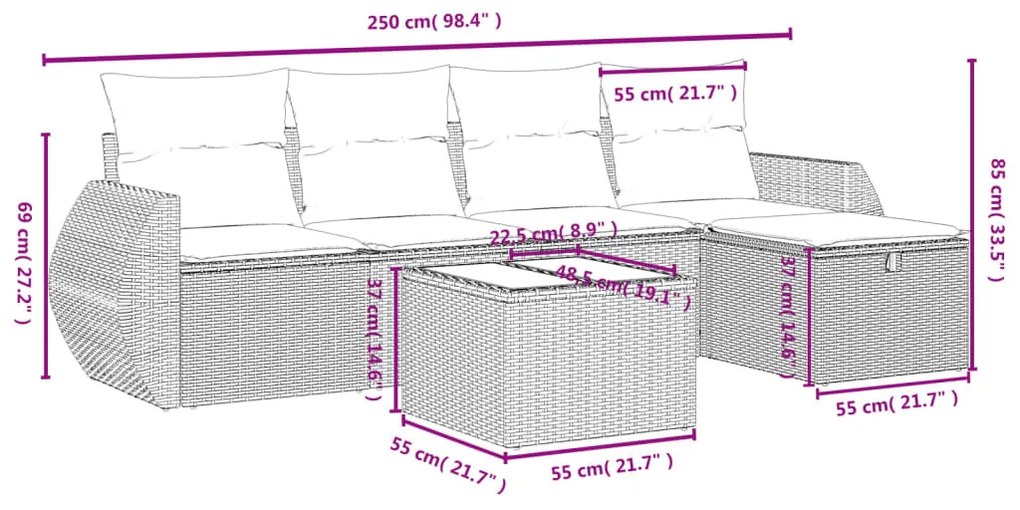 Set divano da giardino 6 pz con cuscini grigio in polyrattan