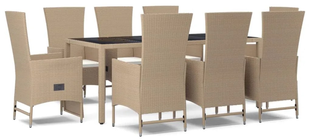 Set da pranzo da giardino 9 pz con cuscini beige in polyrattan