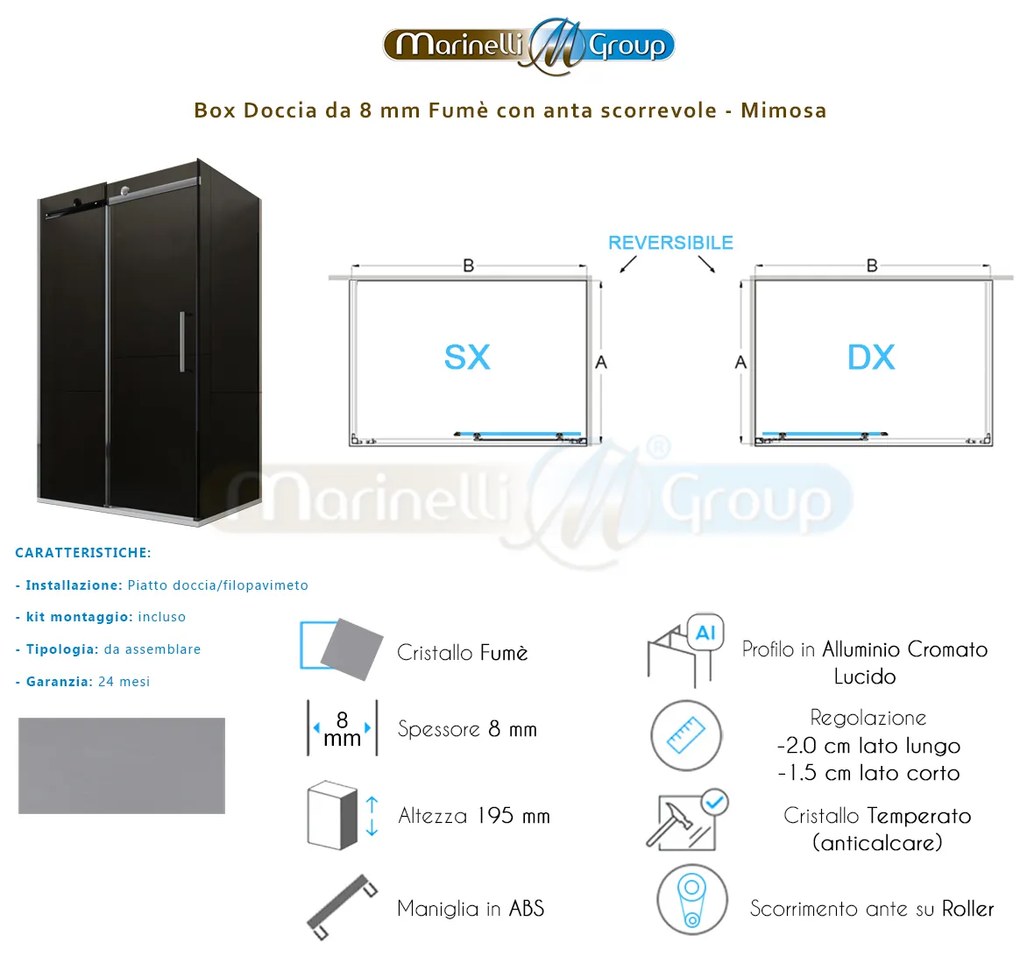Box Doccia angolare 70X100 con anta scorrevole vetro cristallo 8mm Mimosa Fume