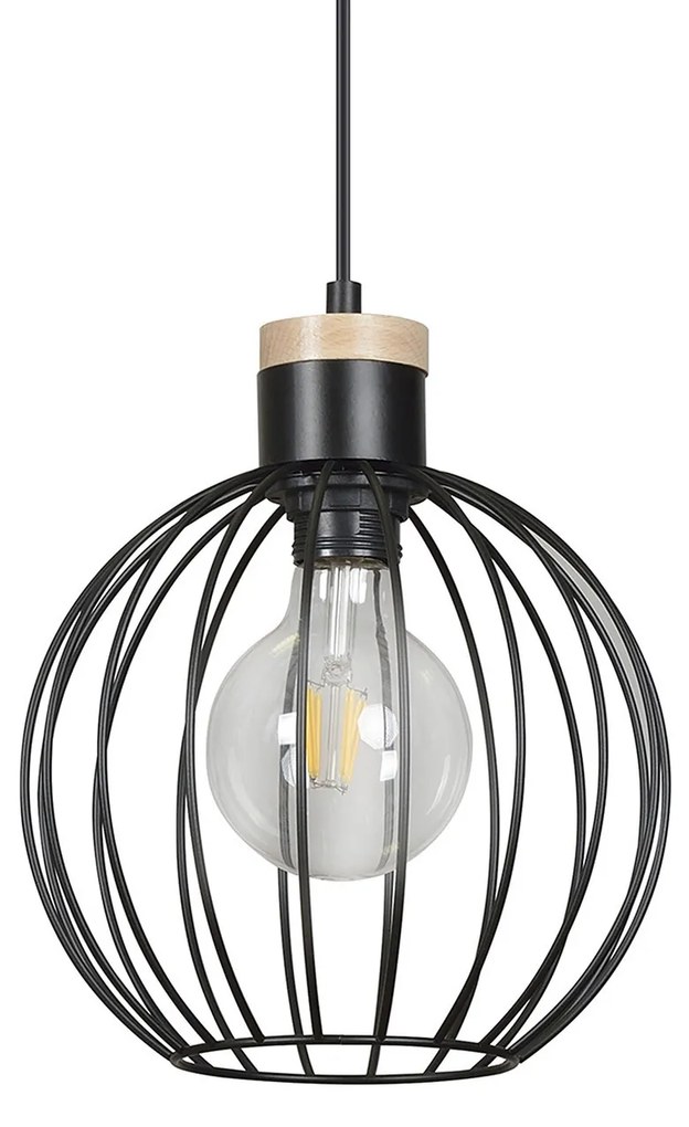 Sospensione 1 Luce Morgana Paralume A Gabbia In Acciaio Nero E Legno Naturale