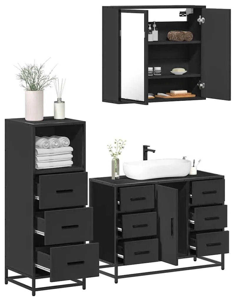 Set Mobili Da Bagno 3 Pz Nero İn Legno Multistrato /
