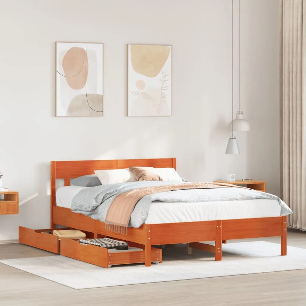 Letto Senza Materasso Marrone Cera 140x190 Cm İn Legno Di Pino /