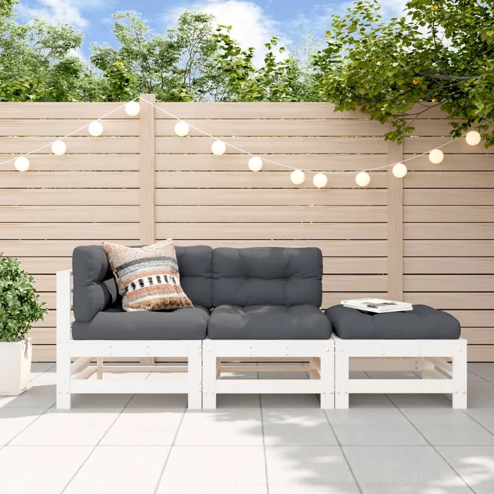 Set divani da giardino 3pz con cuscini in legno massello bianco