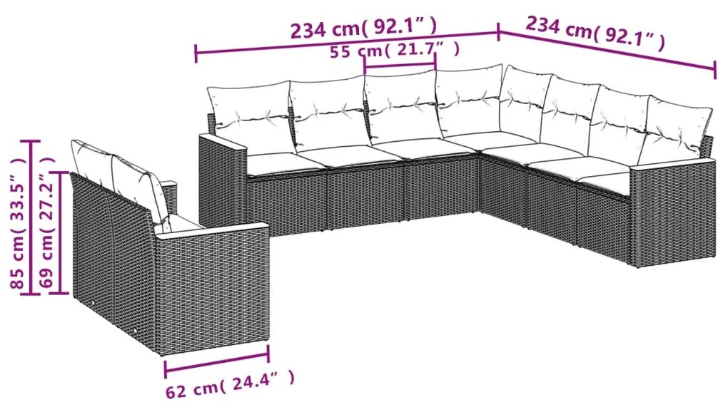 Set Divano da Giardino 9 pz con Cuscini Beige Misto Polyrattan