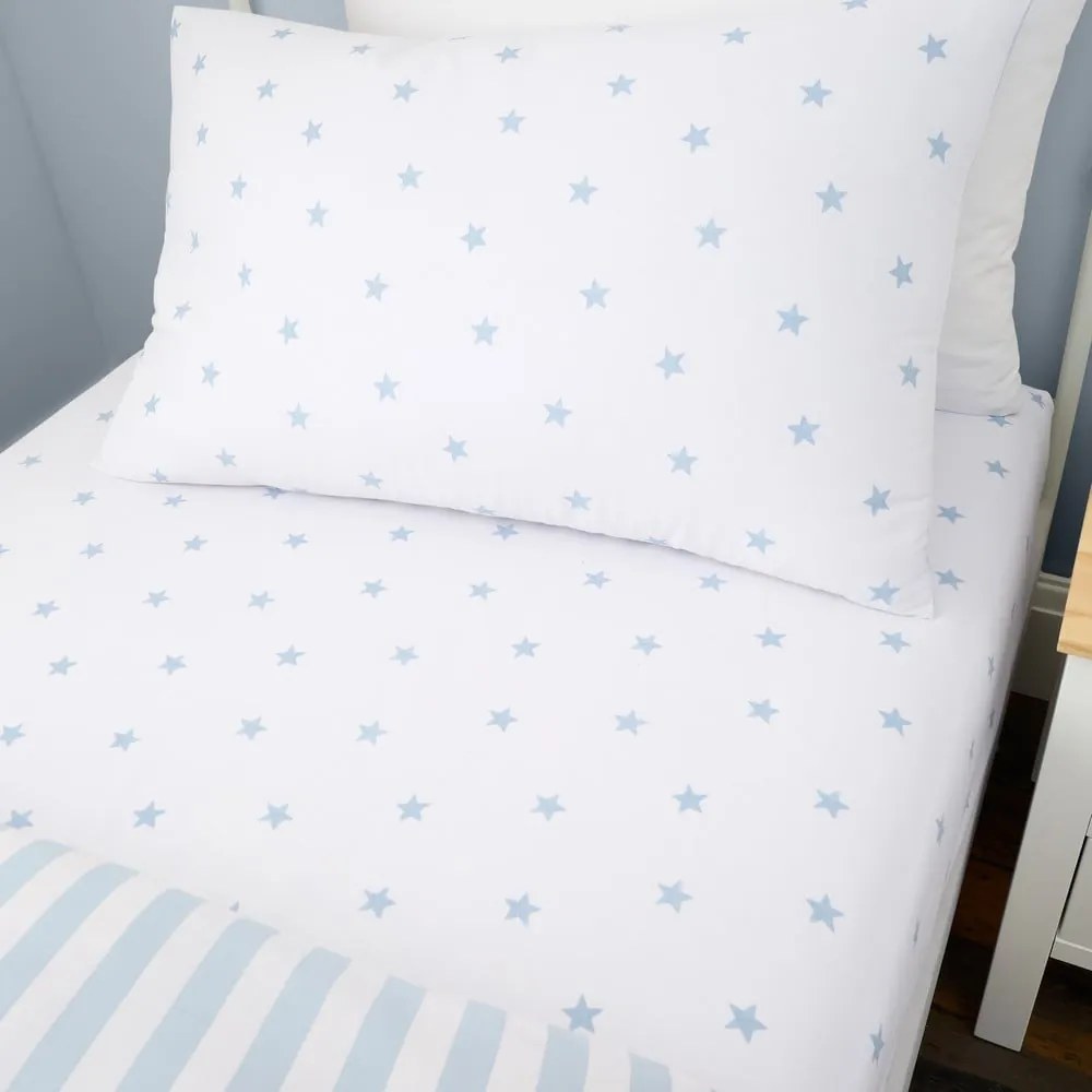 Lenzuolo con angoli per bambini bianco e blu in cotone per letto singolo 90x190 cm Mini Star &amp; Stripes – Bianca