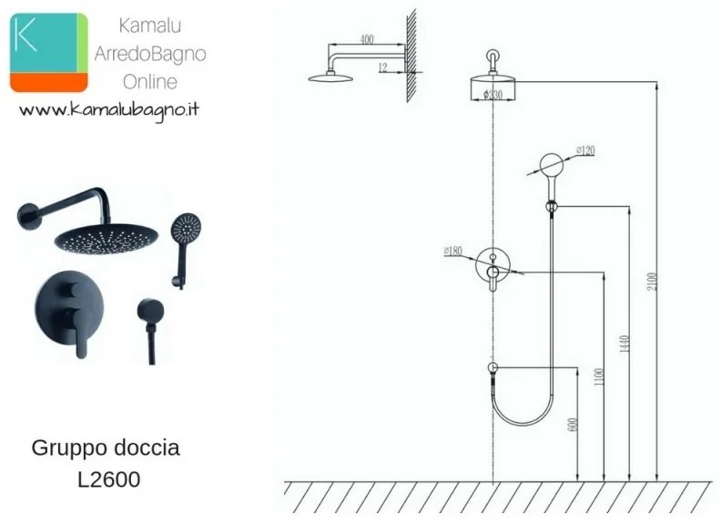 Kamalu - Gruppo miscelatore soffione e doccetta colore nero L2600