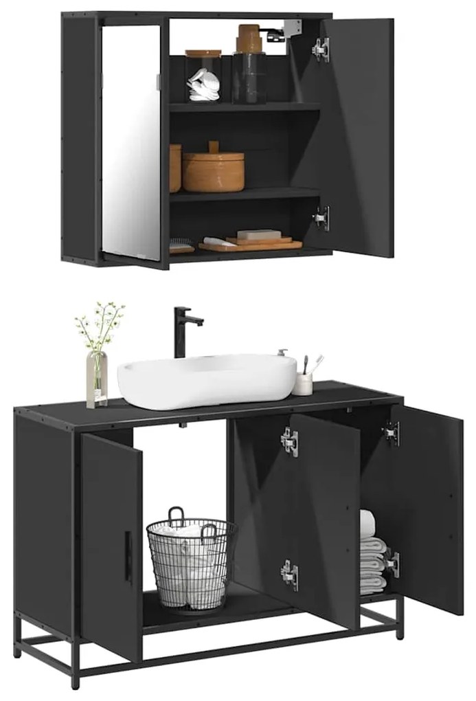 Set Mobili Da Bagno 2 Pz Nero İn Legno Multistrato /