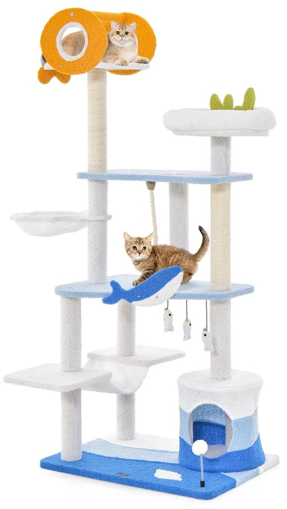 Costway Albero tiragraffi per gatti a tema oceanico con pali tiragraffi rivestiti di sisal, Torre per gatti 69x49x168cm Blu