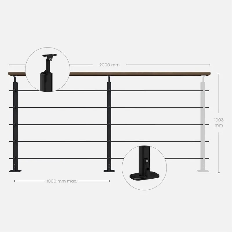 Balaustra in kit BURGER in alluminio nero, corrimano in legno faggio, L 200 cm fissaggio a pavimento