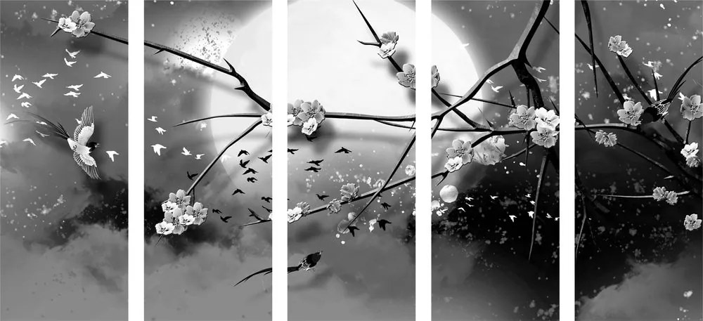 Quadri 5 pezzi – Rami d'albero alla luna piena in bianco e nero