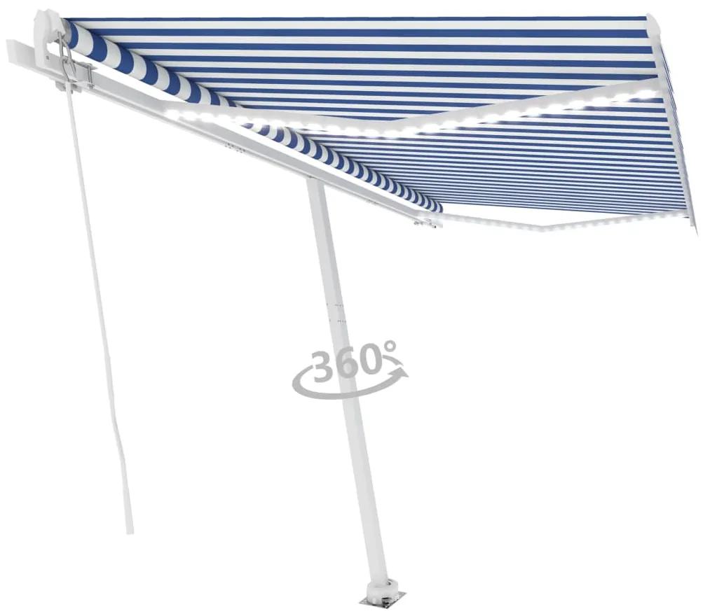 Tenda da Sole Retrattile Manuale con LED 400x300cm Blu e Bianca