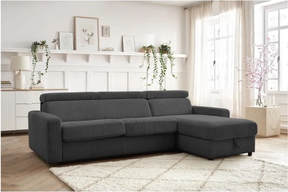 Divano angolare in grigio scuro allungabile (con composizione variabile) con rivestimento in velluto a coste Monaco – Bobochic Paris