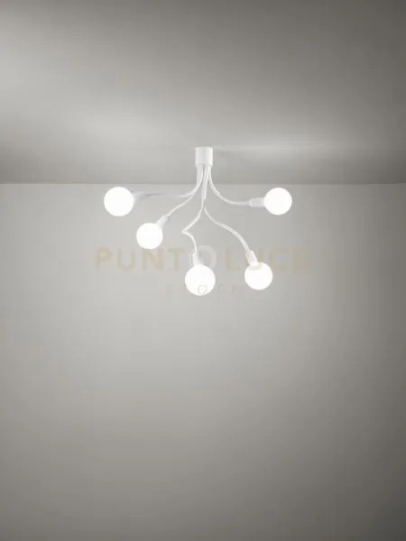 Lampadario a soffitto in metallo e gomma bianco bulbo 5 luci attacc...