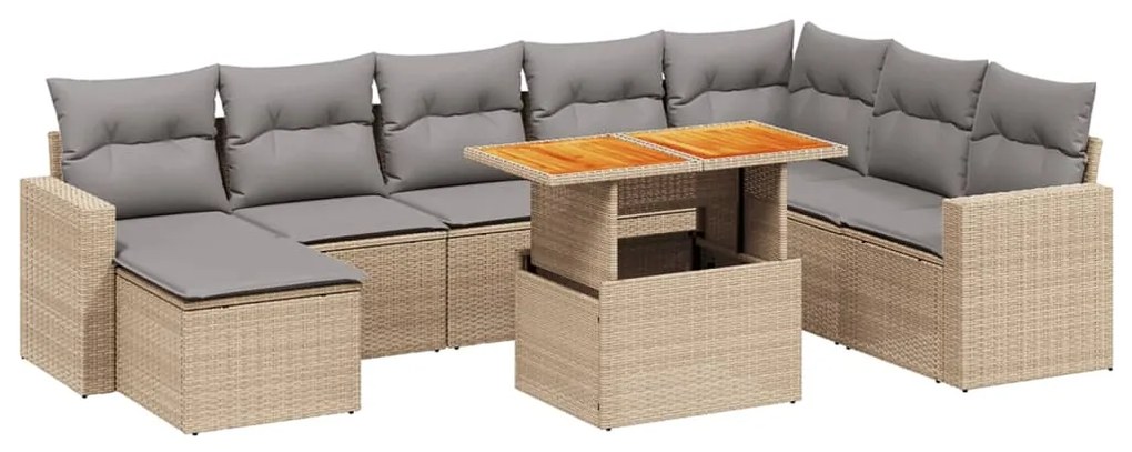 Set divano da giardino 9 pz con cuscini beige in polyrattan