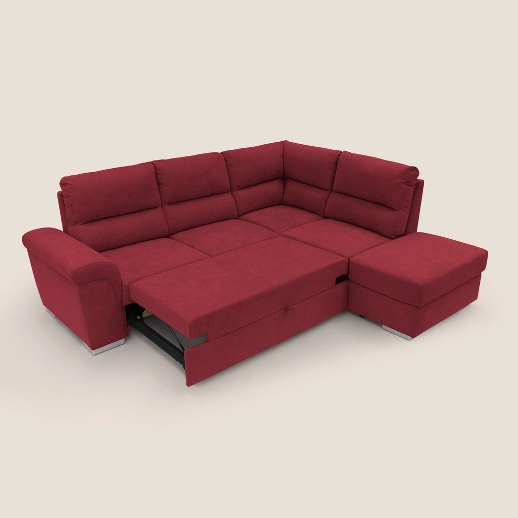 Minerva divano angolare con estraibile a cassettone e pouf contenitore in tessuto morbido impermeabile T02 rosso