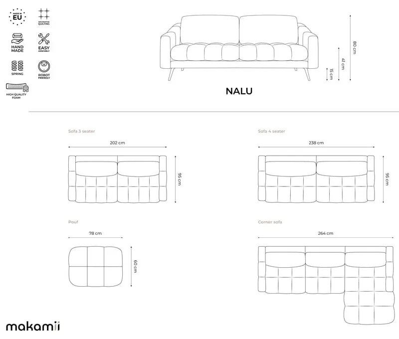 Divano angolare grigio (con penisola a sinistra) con rivestimento in velluto Nalu – Makamii