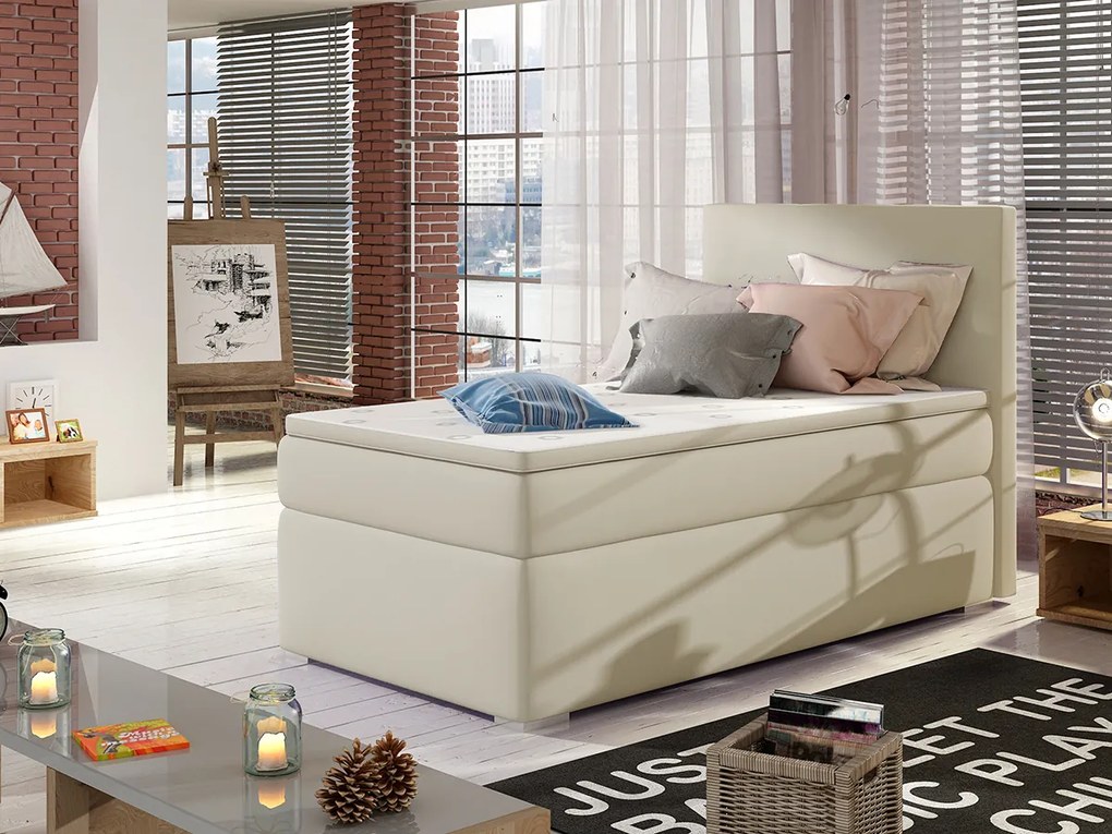 Letto singolo boxspring Digione - Ecopelle bianco panna