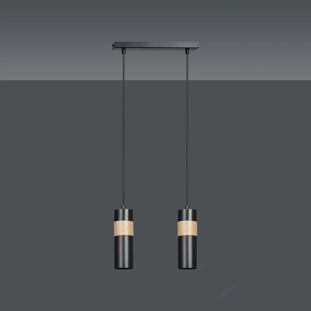Lampadario 2 Luci Change In Acciaio Nero A Cilindro Con Legno Naturale