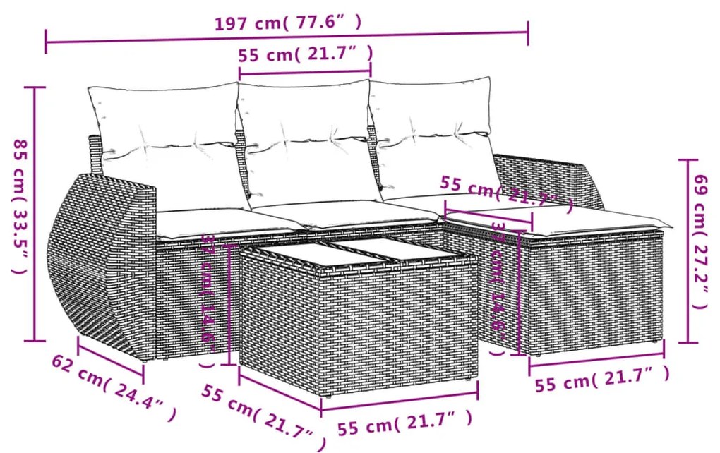 Set divani da giardino 5 pz con cuscini in polyrattan nero