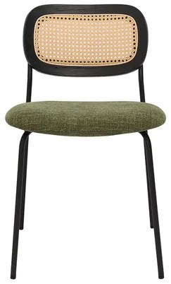 Sedie design in tessuto effetto velluto testurizzato verde kaki, metallo nero e intreccio di rattan (set di 2) MIRANDA