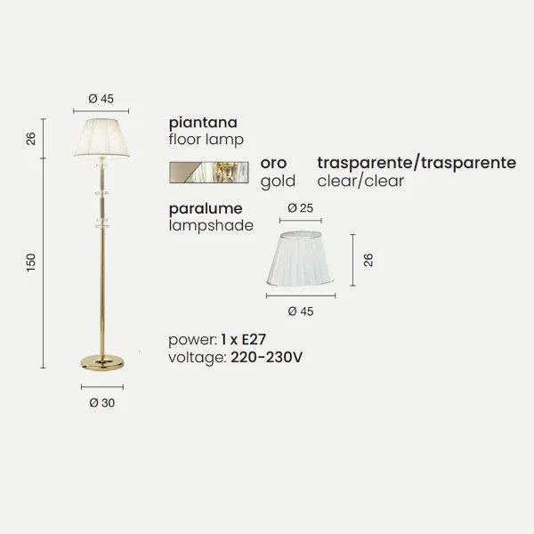 Piantana DIDO in vetro trasparente lavorato a mano Oro H176 cm
