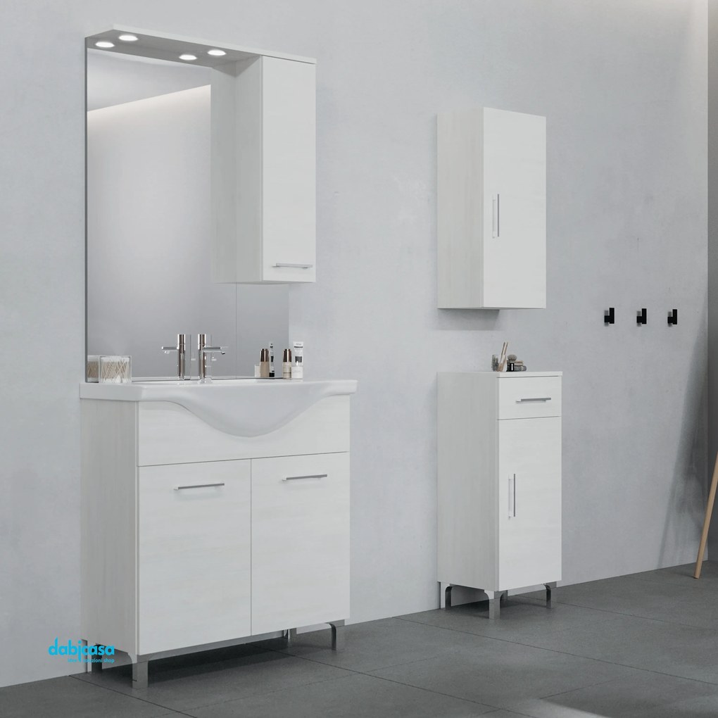 Mobile Bagno Con Piedini "Rubino" Da 75 Cm C/Base a a Due Ante In Laminato Nobilitato Finitura Rovere Bianco