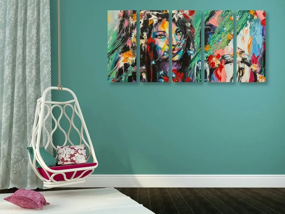 Quadri 5 pezzi – Pittura a olio di donna e cavallo