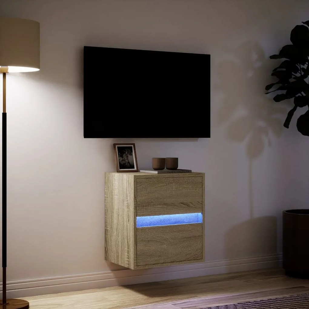 Mobile tv a parete con luci led rovere sonoma 41x31x45 cm