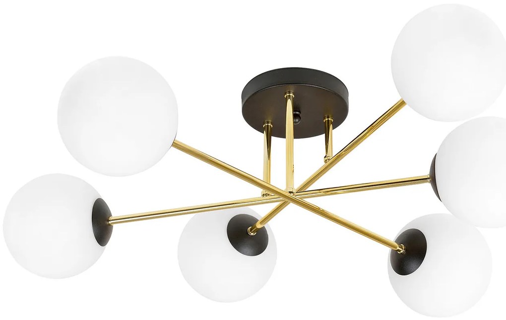 Plafoniera Moderna Magnium 6 Luci In Acciao Nero Oro E Sfere In Vetro Bianco