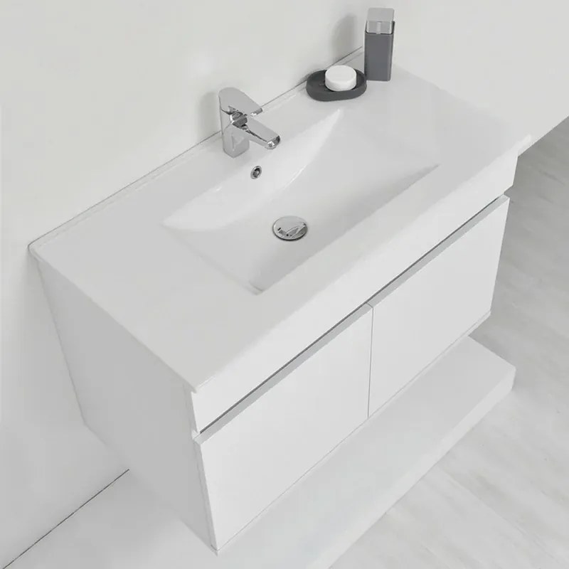Composizione bagno sospesa 90 cm Duble bianco lucido con top e specchio