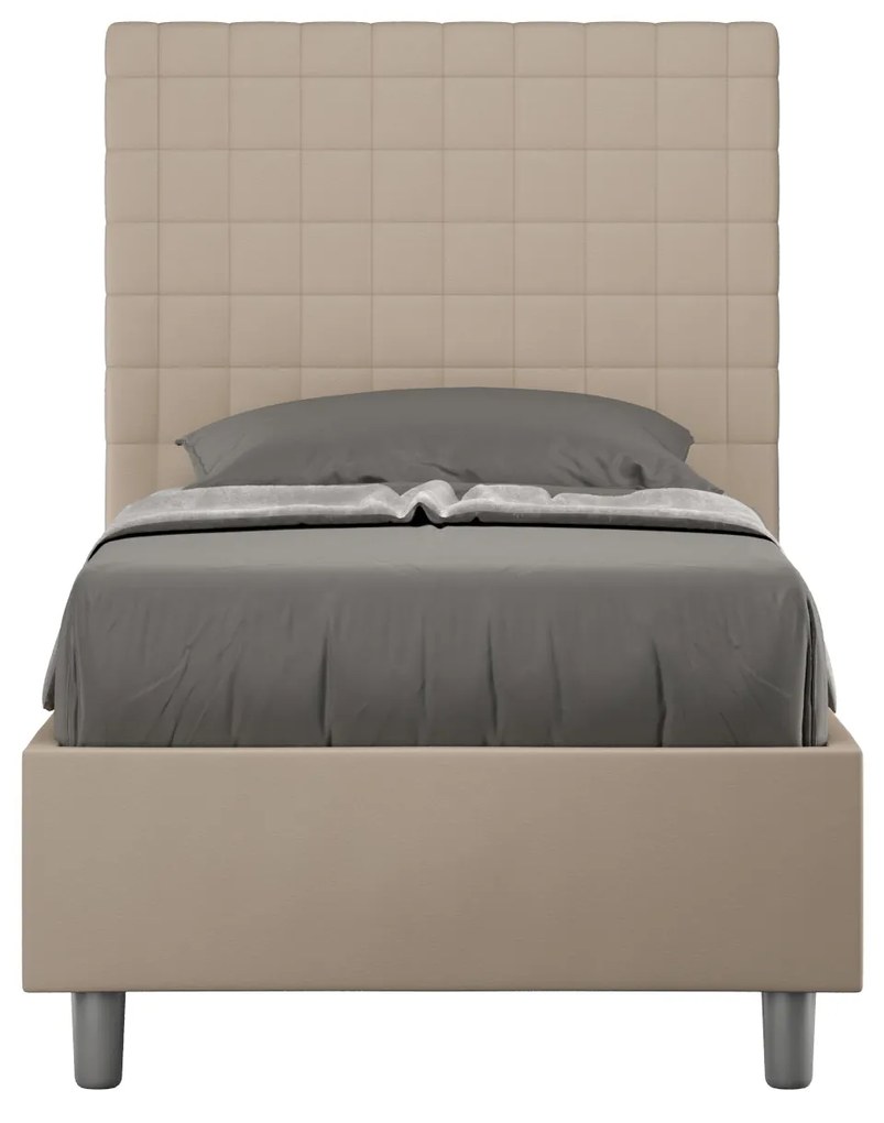 Letto Singolo 80x190 Sunny in Similpelle con Contenitore - L.95xP.210 H.122 cm, Made in Italy, Tortora / Contenitore