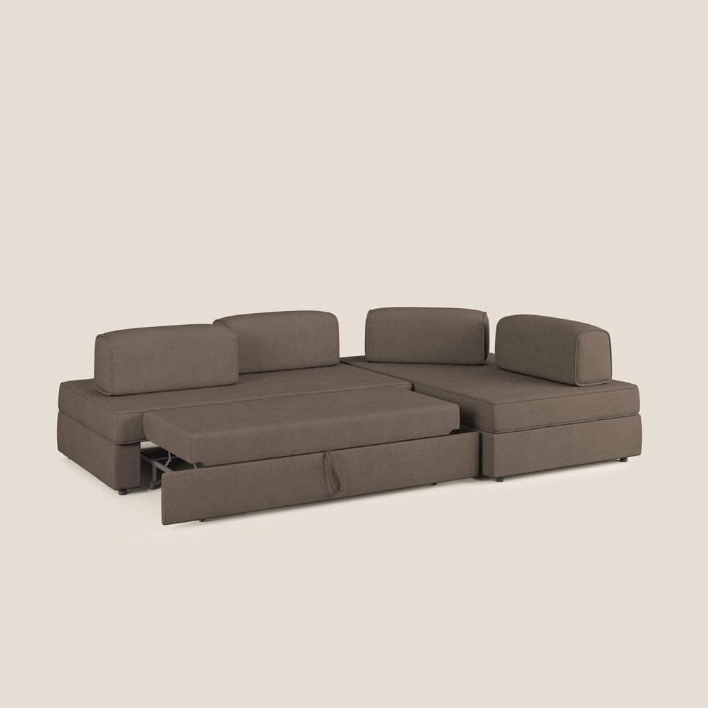 Liberty divano angolare con pouf estraibile e schienali movibili in tessuto morbido impermeabile T02 marrone