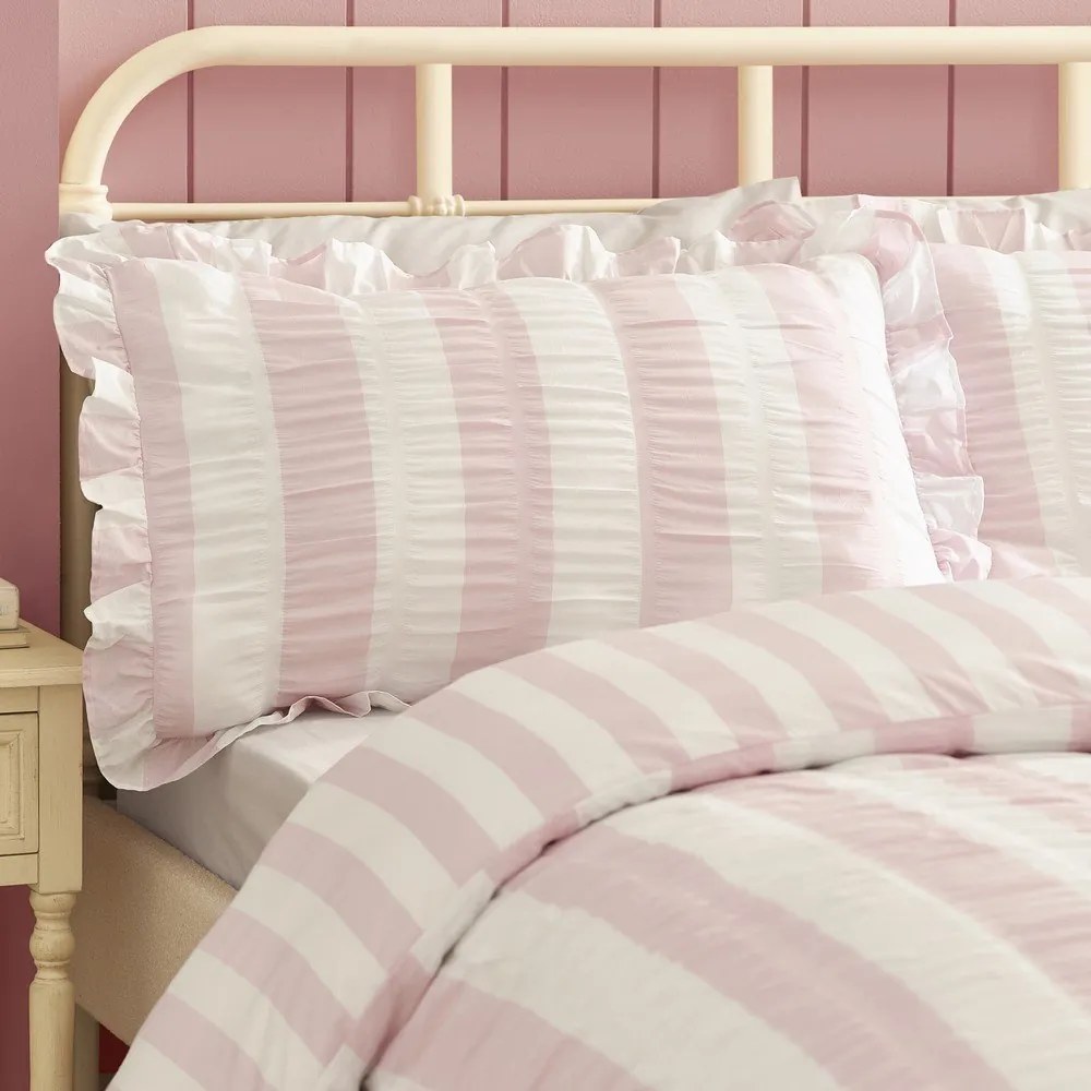 Set copripiumino e federa rosa per letto matrimoniale 3 pezzi 200x200 cm Seersucker Frill Stripe – Catherine Lansfield
