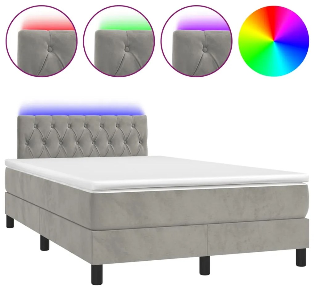 Letto a Molle Materasso e LED Grigio Chiaro 120x190 cm Velluto