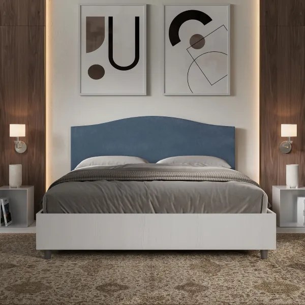 Letto contenitore da 160x190 in legno bianco e testata in microfibra blu Grace